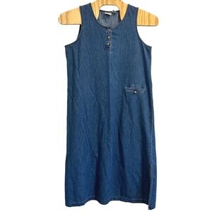Vntg Specialty Collection Blue Denim Henley Midi Shift Dress Womens Large Cotton